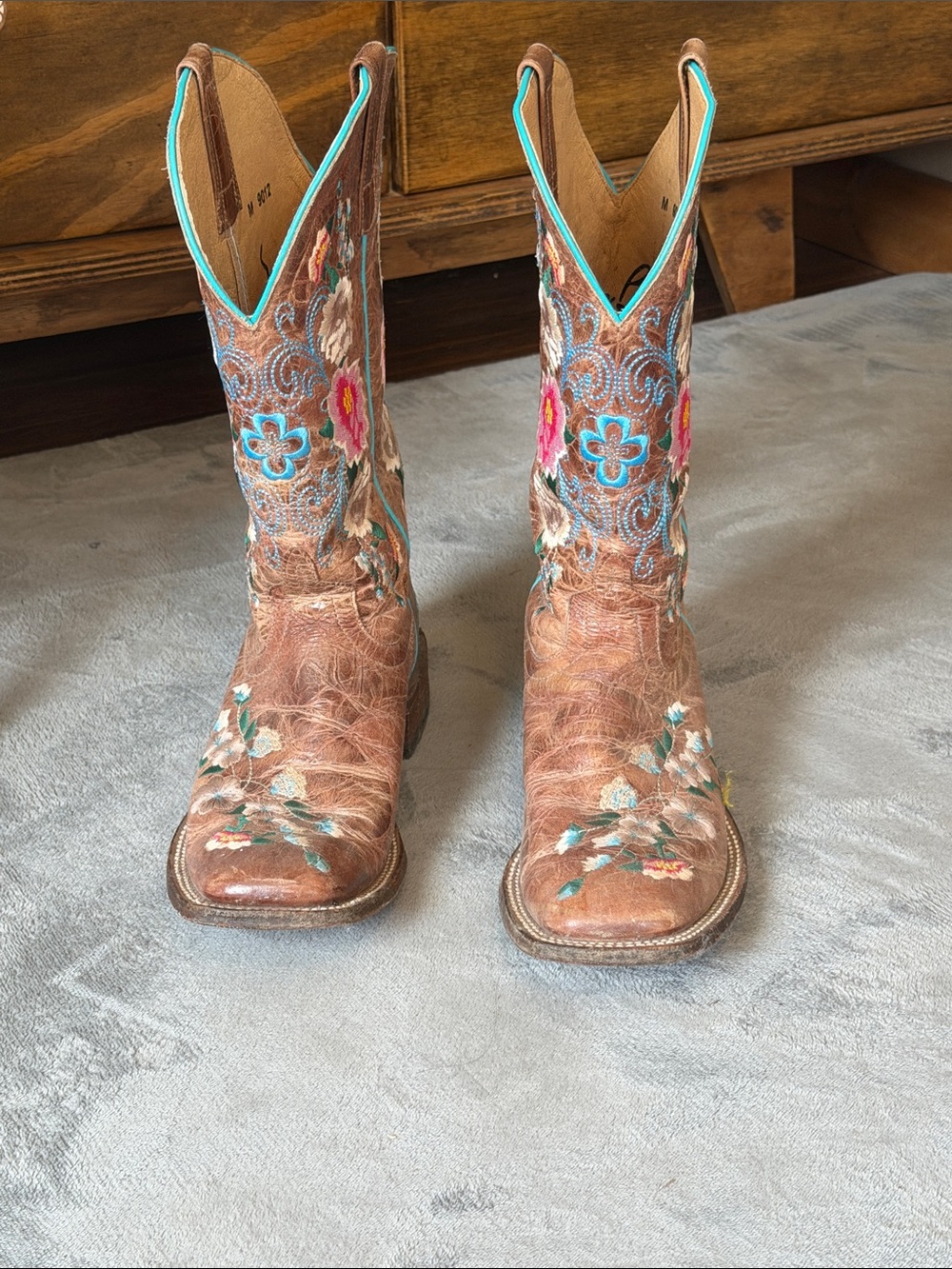 Macie Bean Brown Leather Cowboy Boots with Turquoise and Pink Embroidery